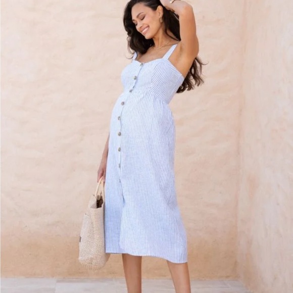 Linen & Cotton Midi Maternity & Nursing Dress - Picture 1 of 5